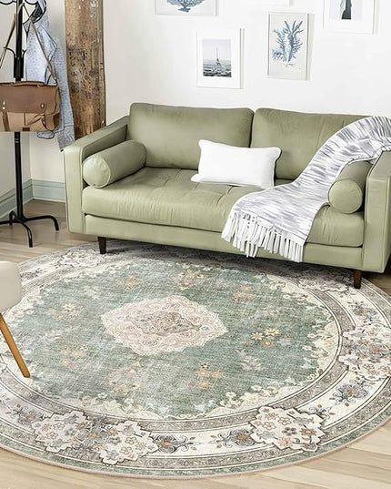 MUJOO Green Round Rug 6ft,Circle Washable Area Rugs for Bedroom Living Room Bathroom,Boho Large Non Slip Circular Carpet,Sage Floral