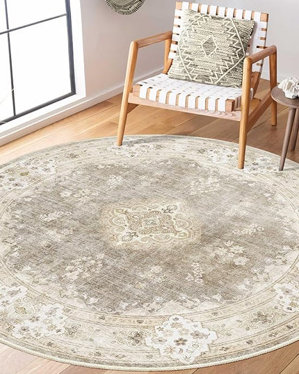 MUJOO Beige Round Rug 5ft,Circle Washable Area Rugs for Bedroom Living Room Bathroom,Boho Vintage Bohemian Distressed Farmhouse Large Non Slip Circular Carpet,Floral