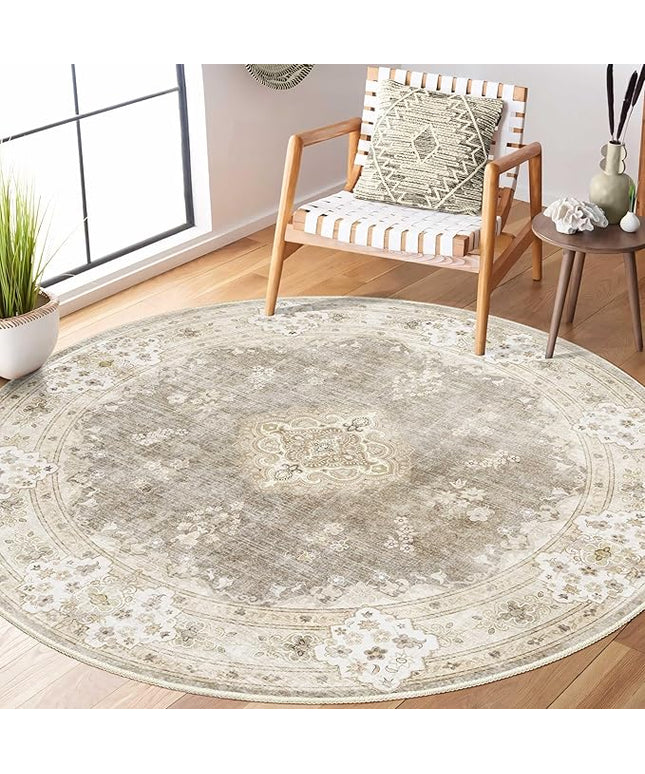 MUJOO Beige Round Rug 5ft,Circle Washable Area Rugs for Bedroom Living Room Bathroom,Boho Vintage Bohemian Distressed Farmhouse Large Non Slip Circular Carpet,Floral