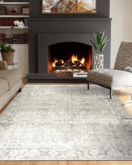 ReaLife Rugs Machine Washable Area Rug - Living Room Bedroom Bathroom Kitchen Entryway Office - Padded Low Pile Stain Resistant Premium - Boho Farmhouse Vintage - Lyle - Beige Ivory 5' x 7'