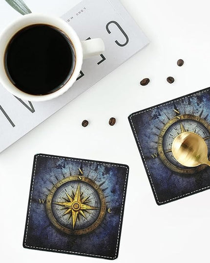Marble Coasters Square Leather Drinks Coaster Set with Holder for Coffee Table Bar Home Decor 4 Inches Set of 6 (Compass Rose, One Size)
