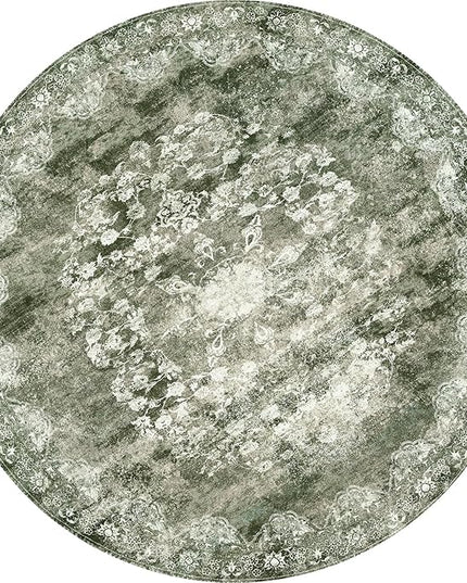 jinchan Round Rug 6ft Area Rug - Green Vintage Floor Mat Kitchen Indoor - Washable Circle 6' Thin Floral Print Christmas Carpet Retro Farmhouse Non Slip Dining Room Living Room Bedroom Office