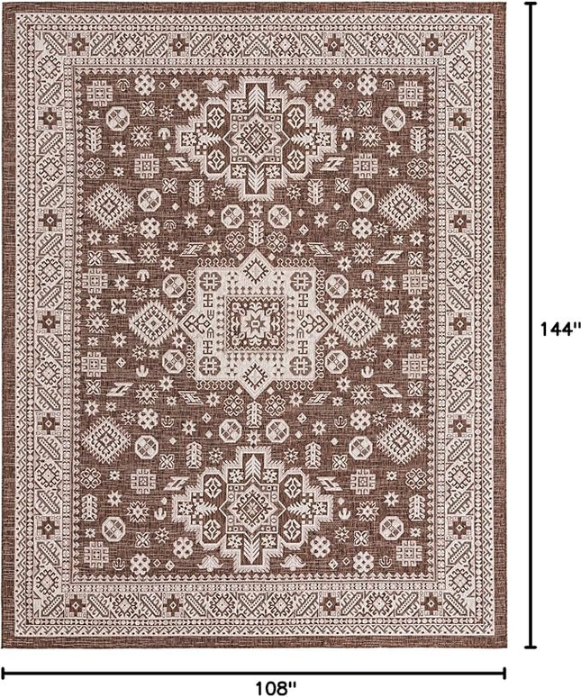 Rugs.com Outdoor Aztec Collection Rug – 9' x 12' Brown Flatweave Rug Perfect for Living Rooms