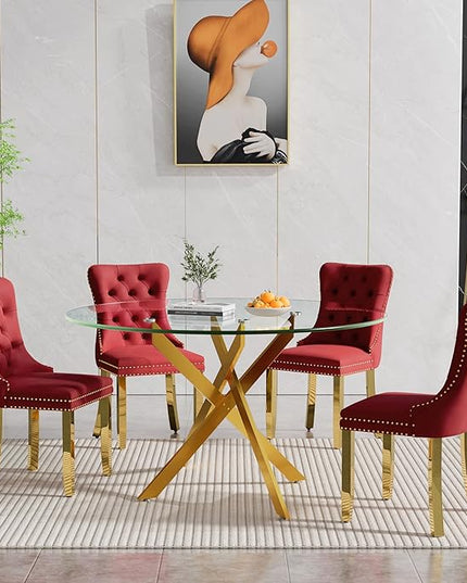 Round Glass Dining Table Set for 4, 47'' Clear Circular Kitchen Table and Chairs Set, 5PCS Modern Circle Dining Room Table Set with 4 Velvet Dining Chair for Home