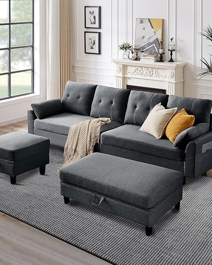 Convertible Sectional Sofa, Modern L Shaped Couch,Linen Fabric 4-Seat Sofa Set with Storage Ottoman and Coffee Table for Living Room, Dark Gray