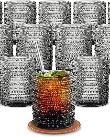 12 OZ Hobnail Drinking Set of 12 – Vintage Embossed Glassware, Textured Tumblers for Water, Beer, Cocktails, Mocktails, Whiskey & More – Includes Straws and Coasters – Smokey Gray