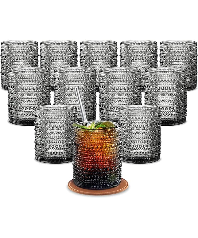 12 OZ Hobnail Drinking Set of 12 – Vintage Embossed Glassware, Textured Tumblers for Water, Beer, Cocktails, Mocktails, Whiskey & More – Includes Straws and Coasters – Smokey Gray