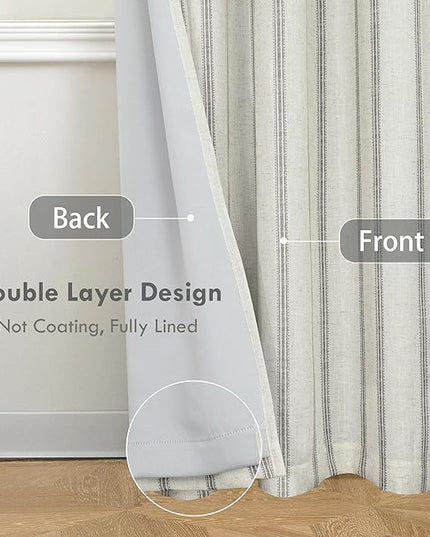 DriftAway Farmhouse Linen Blend Blackout Curtains 96 Inches Long for Bedroom Vertical Striped Printed Linen Curtains Thermal Insulated Lined Treatments for Living Room 2 Panels W52 x L96 Linen Grey
