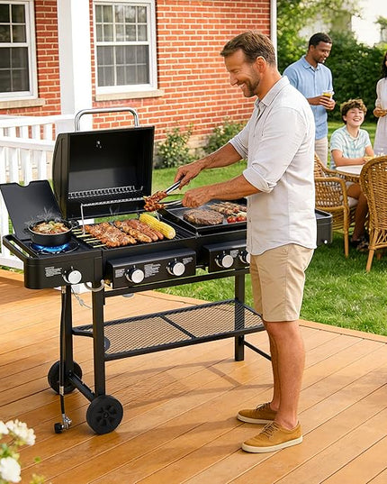 All-in-One Propane Gas Grill & Griddle Combo, 56,000 BTU 5-Burner BBQ Grill with Side Burner, 745 Sq.In Cooking Area, Heavy-Duty Outdoor Grill for Backyard & Patio