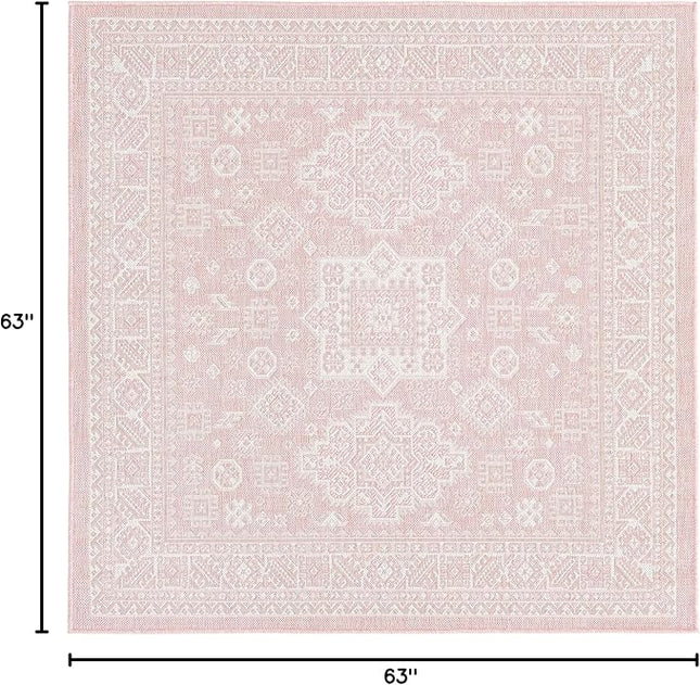 Rugs.com Outdoor Aztec Collection Rug – 5 Ft Square Pink Flatweave Rug Perfect for Living Rooms, Kitchens, Entryways