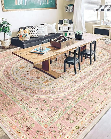 9x12 Area Rugs Washable,Pink Rug for Living Room Bedroom Dining Room,Large Boho Vintage Bohemian Distressed Farmhouse Carpet Non Slip,Blush Floral