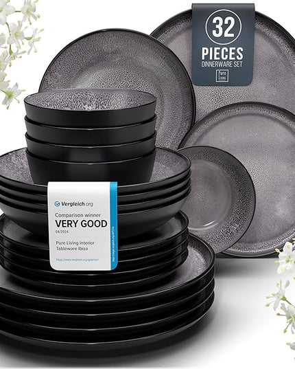 Stoneware dinnerware set 8 persons 32 pcs - Dishwasher, microwave and scratch resistant - Bowl and plate set 8 persons modern - Dinner service Pure Living black in gray…