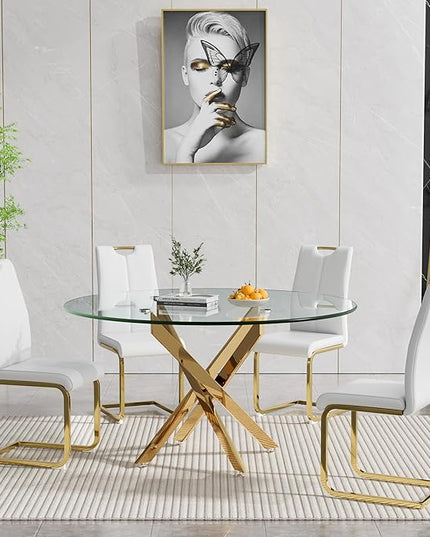 HomVent Round Glass Dining Table Set for 4, 5-Piece Modern Kitchen Table Set with 4 PU Upholstered Chair for Kitchen Dining Room, Glass Dining Room Table Set