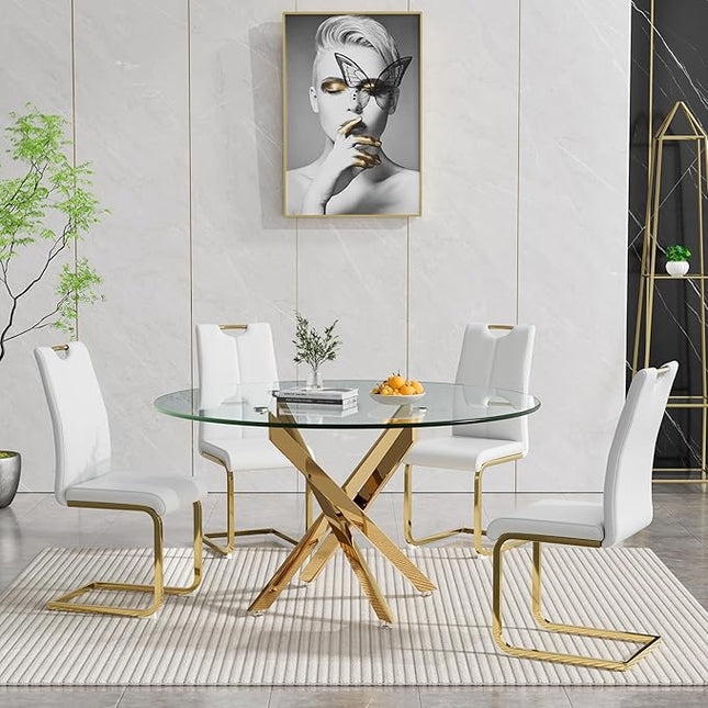 HomVent Round Glass Dining Table Set for 4, 5-Piece Modern Kitchen Table Set with 4 PU Upholstered Chair for Kitchen Dining Room, Glass Dining Room Table Set