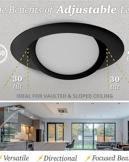 NUWATT 6 Inch Black Gimbal LED Recessed Lighting Canless Wafer Lights, 5CCT 2700K/3000K/3500K/4000K/5000K, Dimmable, 1050LM, 12W, Downlight Adjustable Recessed Swivel LED Sloped Ceiling Light, 6 Pack