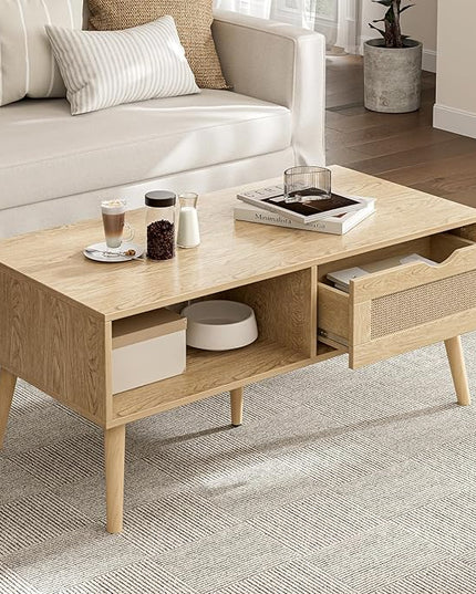 Coffee Table with Storage, Boho Dining Table with Rattan Drawer and Solid Wood Legs, Small Coffee Tables for Living Room, Oak