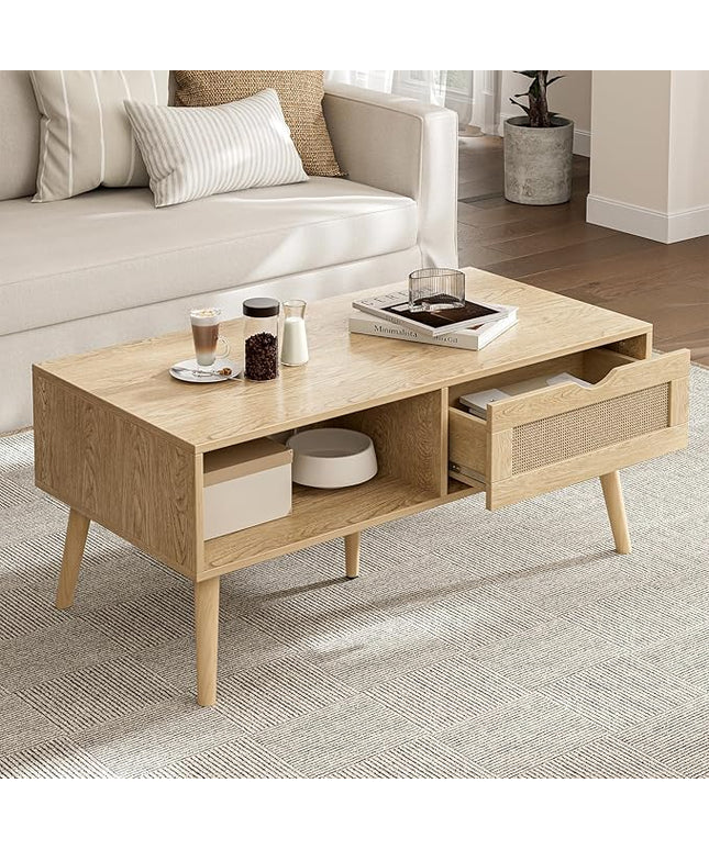 Coffee Table with Storage, Boho Dining Table with Rattan Drawer and Solid Wood Legs, Small Coffee Tables for Living Room, Oak