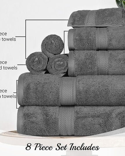 Superior Egyptian Cotton Pile 8 Piece Towel Set, Includes 2 Bath, 2 Hand, 4 Face Towels/Washcloths, Ultra Soft Luxury Towels, Thick Plush Essentials, Guest Bath, Spa, Hotel Bathroom, Charcoal