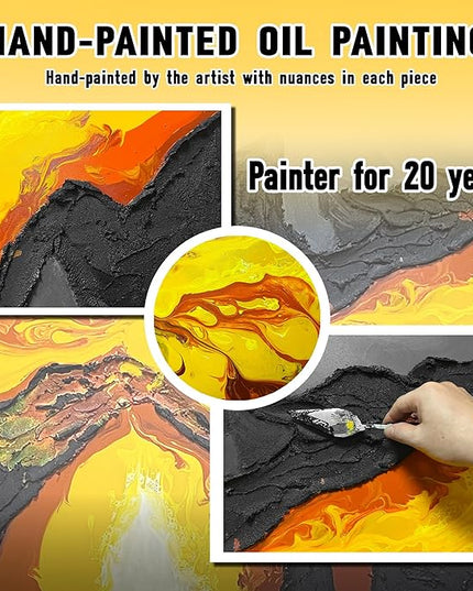 GUGIKA Large Abstract Wall Art for Living Room, Hand Painted 3D Textured Magma Paintings, Black and Gold Yellow Volcanic Lava Canvas Wall-Decor for Bedroom, Size 72x36 Inches