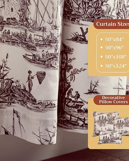 Maison d' Hermine Curtains for Living Room 100% Cotton 96 inch Length Two Panels Light Filtering Toile Curtains for Bedroom Windows with Rod and Loop Pockets Drapes (Calais Charcoal, 50" W x 96" L)
