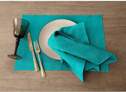 Solino Home Linen Placemats Set of 4 - Classic Hemstitch Teal Placemats 14 x 19 Inch - 100% Pure Linen Table Mats for Christmas, New Year