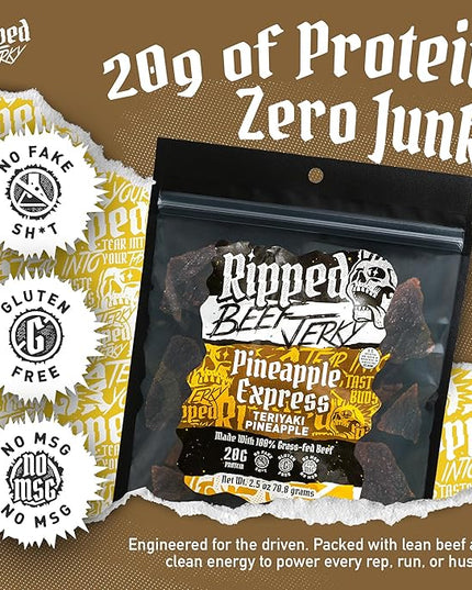 Ripped Beef Jerky - 100% Grass Fed Beef, 20g Protein, Real Ingredients, Gluten Free, No MSG, Made in USA (Pack of 3, Pineapple)