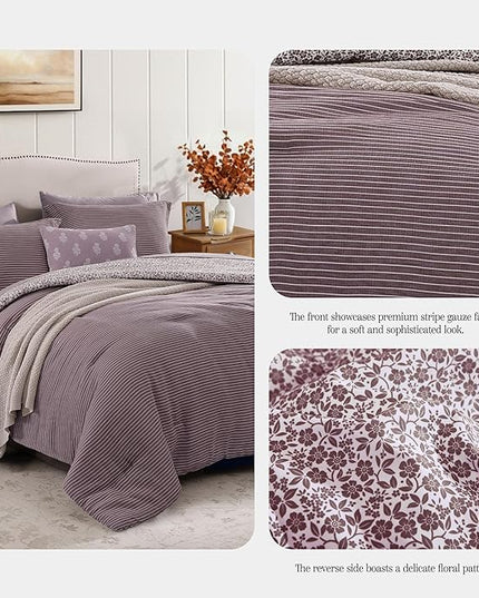 Full Comforter Set - 7 Pieces Deep Purple Gauze Muslin Bedding Sets for All Seasons, Lightweight Breathable Bed in a Bag Full with Revesible Farmhouse Comforter, Sheets, Pillowcases & Shams
