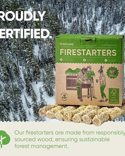Inflame Fire Starters 130 pcs Fire Starters for Campfires, Grill, BBQ, Fireplace, Woodstove - Charcoal Starter - Waterproof, Weather-Resistant - Natural Wood Fireplace Starters
