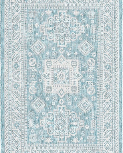 Rugs.com Outdoor Aztec Collection Rug – 5' x 8' Aqua Flatweave Rug Perfect for Living Rooms, Large Dining Rooms, Open Floorplans
