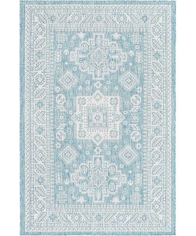 Rugs.com Outdoor Aztec Collection Rug – 5' x 8' Aqua Flatweave Rug Perfect for Living Rooms, Large Dining Rooms, Open Floorplans