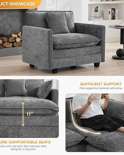41'' Modern Chenille Oversized Chair, Upholstered Accent Living Room Chair with Extra Thicked Deep Seat, Single Lounge Chair for Bedroom, Small Apartment, Grey