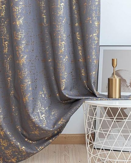 Taisier Home Gold Foil Print Linen Textured Curtains Geometric Dots Pattern Design Curtains for Nursery Toy Room Thermal Insulated Window Treatment 2 Panels 63" L,Soft Grey and Gold Curtain Print