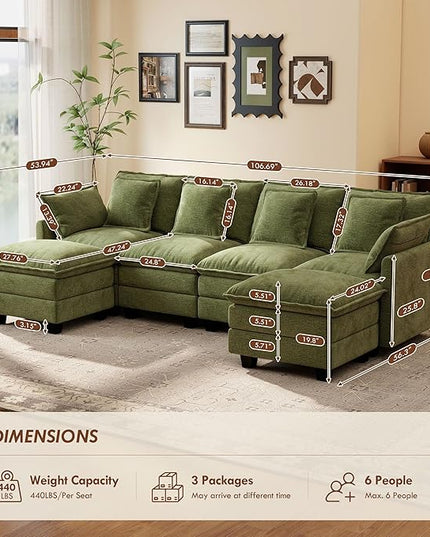 Ihanherry 106" U-Shaped Modern Sofa Modular Sectional Cloud Couch 6-Seat Chenille Seat Sofa with Ottoman for Living Room, Bedroom and Apartment, Green