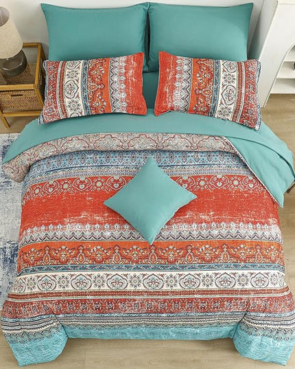 Cottolester Boho Queen Comforter Set 8 Pieces, Terracotta Comforter Bohemian Striped Bed in A Bag,Soft Microfiber Bedding Set for All Seasons