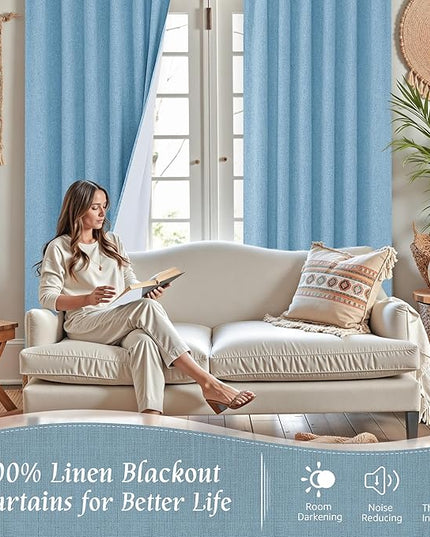 LAMIT Linen 100% Blackout Window Curtains for Bedroom, 45 Inches Linen Textured Thermal Farmhouse Curtains Back Tab and Rod Pocket Window Panels with White Liner, 2 Panels, 38 x 45 Inch, Blue