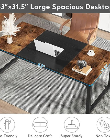 Tribesigns Modern Computer Desk, 63 x 31.5 inch Large Office Desk Computer Table Study Writing Desk Workstation for Home Office, Vintage Black Metal Frame
