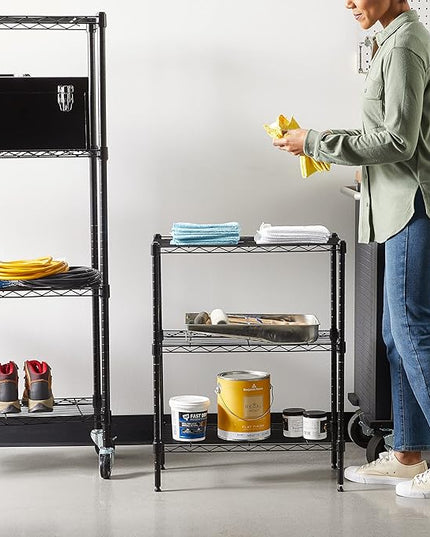Amazon Basics 3-Shelf Adjustable Heavy Duty Steel Wire Rack Storage Shelving Organizer for Kitchen, Garage, 23.2" L x 13.4" W x 30" H, Black