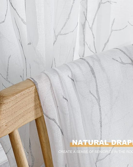 BUHUA White Sheer Curtains 108 Inch Long - Silver Foil Tree Branch Curtain 2 Panels, Semi-Sheer Window Curtains for Living Room, 52 x 108 Inch, 1 Pair, White