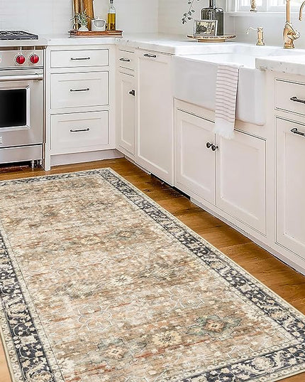 ReaLife Rugs Machine Washable Area Rug Runner - Living Room Bedroom Bathroom Kitchen Entryway - Padded Low Pile Stain Resistant Premium - Boho Farmhouse Vintage - BEV - Beige Tan Brown 2'6" x 8'