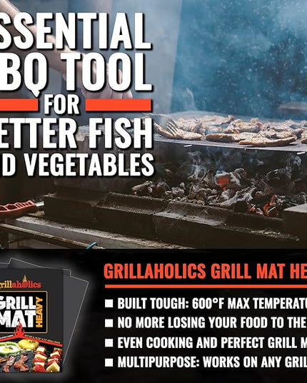 Grillaholics BBQ Grill Mat Heavy - 600 Degree Max Temperature Grilling Sheets - Set of 2 Grill Mats Non Stick - Lifetime Manufacturer Warranty