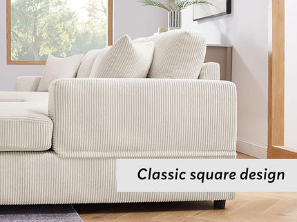 VANOMi 118'' U Shaped Sectional Sofa Couch, Corduroy Fabric Modern Cozy Jumbo Size 4-Seater Living Room Couch, Double Chaise Longue, Beige