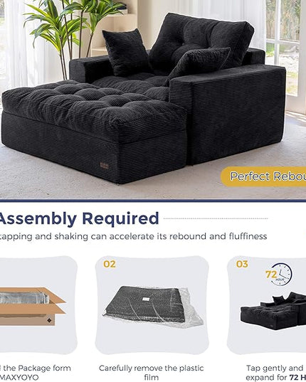 MAXYOYO Modular Sectional Chaise Lounge Sofa, Upholstered Lounge Chair with Ottoman, Comfy Couch with Layered Cushion, Tufted Upholstered Sleeper Chair for Living Room, No Assembly, Black