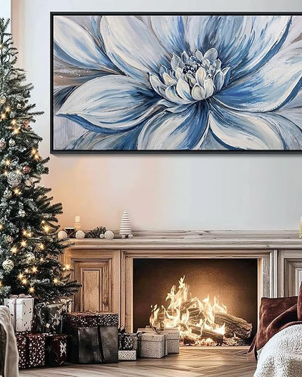 Pogusmavi Blue Floral Wall Art for Living Room - Large Textured Flower Pictures for Bedroom - Canvas Paintings, Extra Large Blue and White Wall Decor Dining Room Artwork for Walls 20×40IN