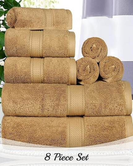Superior Egyptian Cotton Pile 8 Piece Towel Set, Includes 2 Bath, 2 Hand, 4 Face Towels/Washcloths, Ultra Soft Luxury Towels, Thick Plush Essentials, Guest Bath, Spa, Hotel Bathroom, Toast
