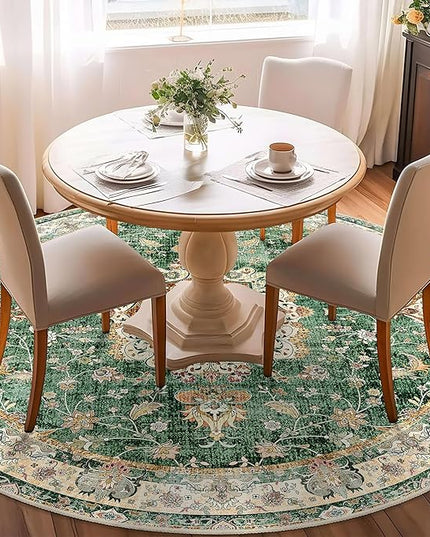 Green Round Rug 6ft,Large Circle Area Rugs for Living Room Bedroom Dining Room,Washable Boho Vintage Bohemian Distressed Oriental Floral Carpet Non Slip,Retro Sage Floral