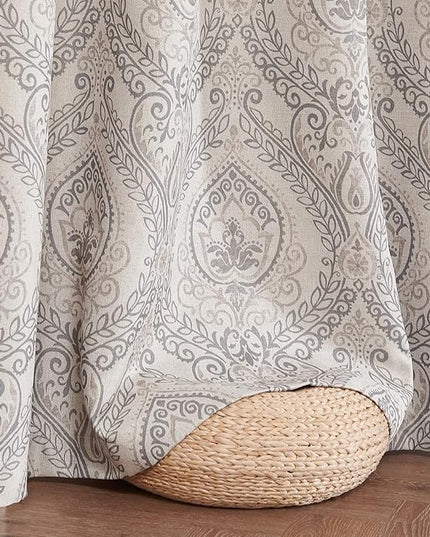 jinchan Linen Textured Curtains for Living Room Darkening 63 Inch Length, Medallion Drapes for Bedroom, Damask Pattern Window Treatments Vintage Curtain Panels, 2 Panels Grey on Greige