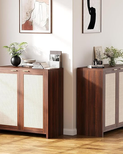 YOUDENOVA 62.3" Sideboard Buffet Cabinet, Rattan Storage Sideboard Cabinet with 4-Door and Adjustable Shelves, Farmhouse Console Table for Dining Room, Entryway, Living Room, Rustic Brown