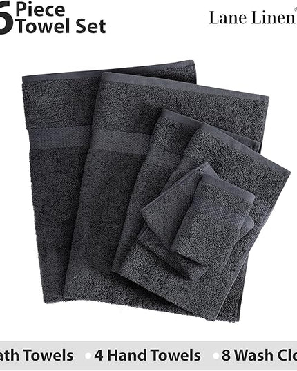 LANE LINEN 100% Cotton Luxury Towel Set for Bathroom - 16 Pieces, Ring Spun - Super Plush, Very Soft & Absorbent - 4 Bath Towels, 8 Washcloths, 4 Hand Towels - Suitable for All Skin Types - Black