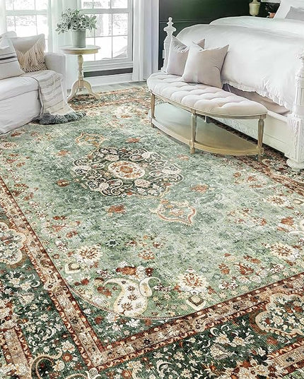 9x12 Area Rugs Washable,Green Rug for Living Room Bedroom Dining Room,Large Boho Vintage Bohemian Distressed Oriental Carpet Non Slip