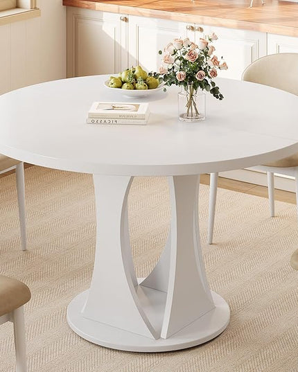 Round Dining Table for 4-6, Kitchen Table with Sturdy Double Arc & Rounded Base & Backboard Clasp Desktop, Mid-Century Modern Circle Dinner Table for Dining Living Room, Space Saving, White